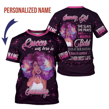 CustomsPig Personalized T-Shirt January Girl She's Beautiful Bold All Over Printed