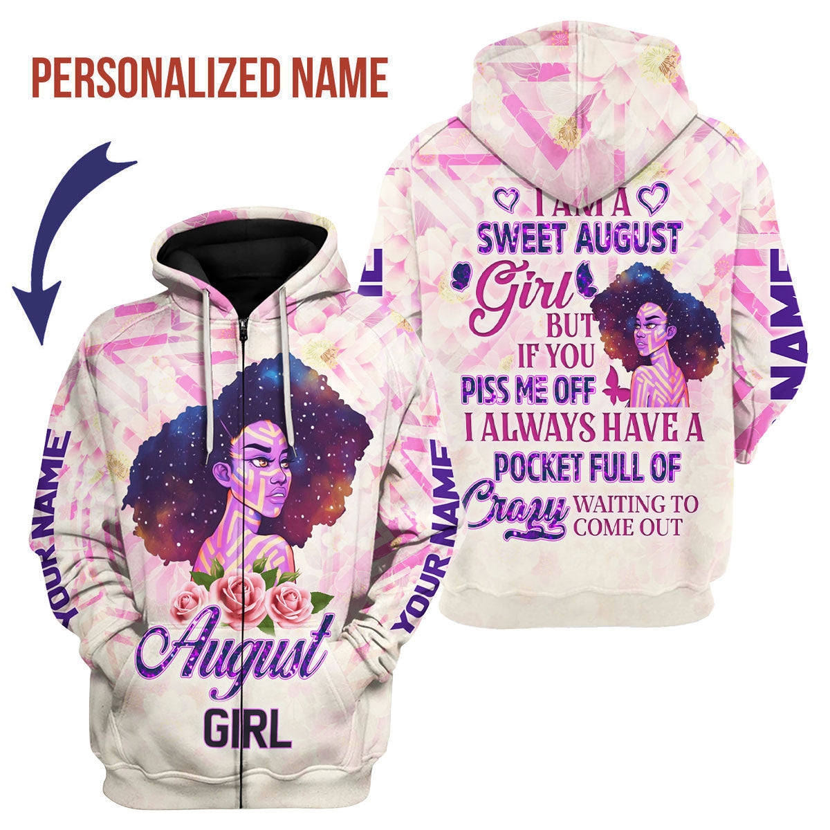 CustomsPig Personalized Zip Hoodie August Girl All Over Printed