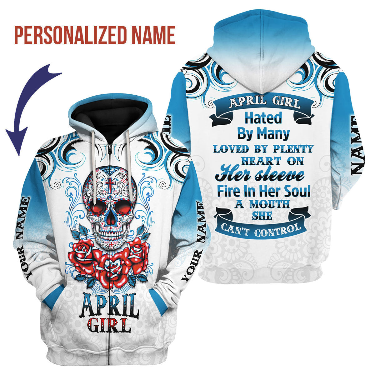 CustomsPig Personalized Zip Hoodie April Girl All Over Printed