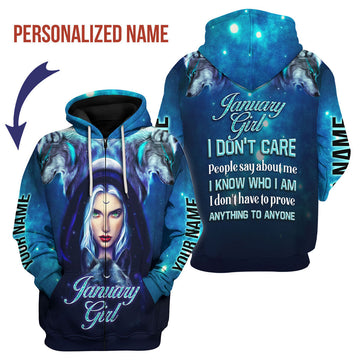 CustomsPig Personalized Zip Hoodie January Girl I Don't Care All Over Printed