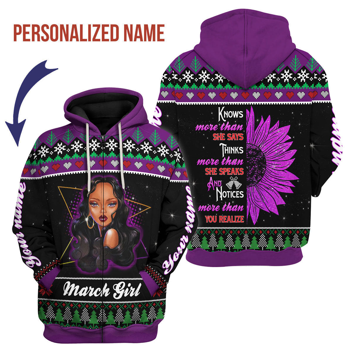 CustomsPig Personalized Zip Hoodie March Girl All Over Printed