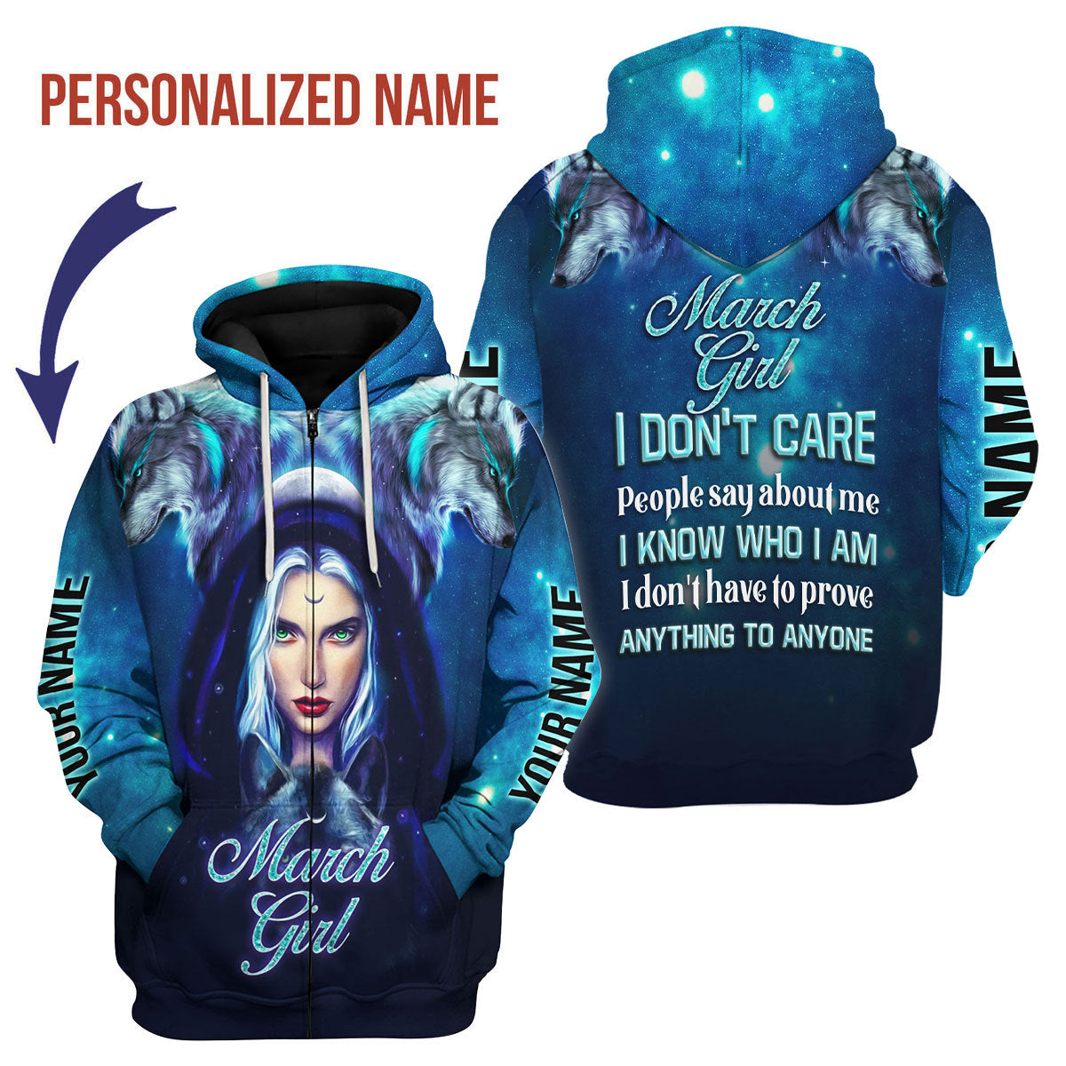 CustomsPig Personalized Zip Hoodie March Girl I Don't Care All Over Printed