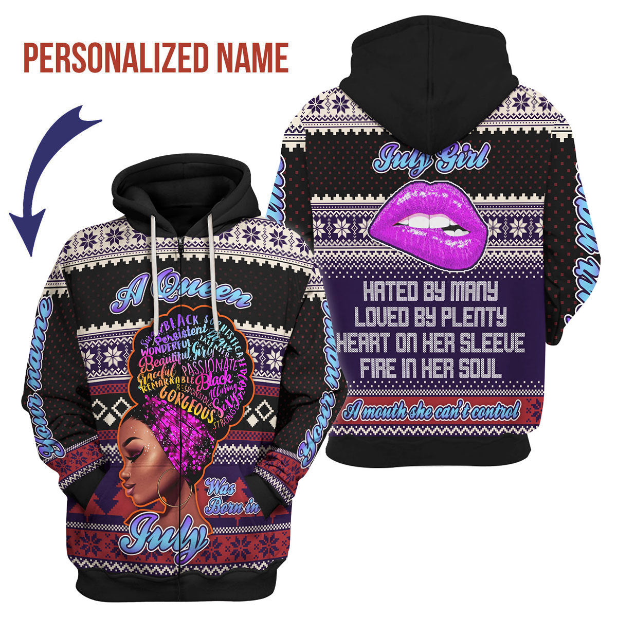 CustomsPig Personalized Zip Hoodie A Queen Was Born In July All Over Printed