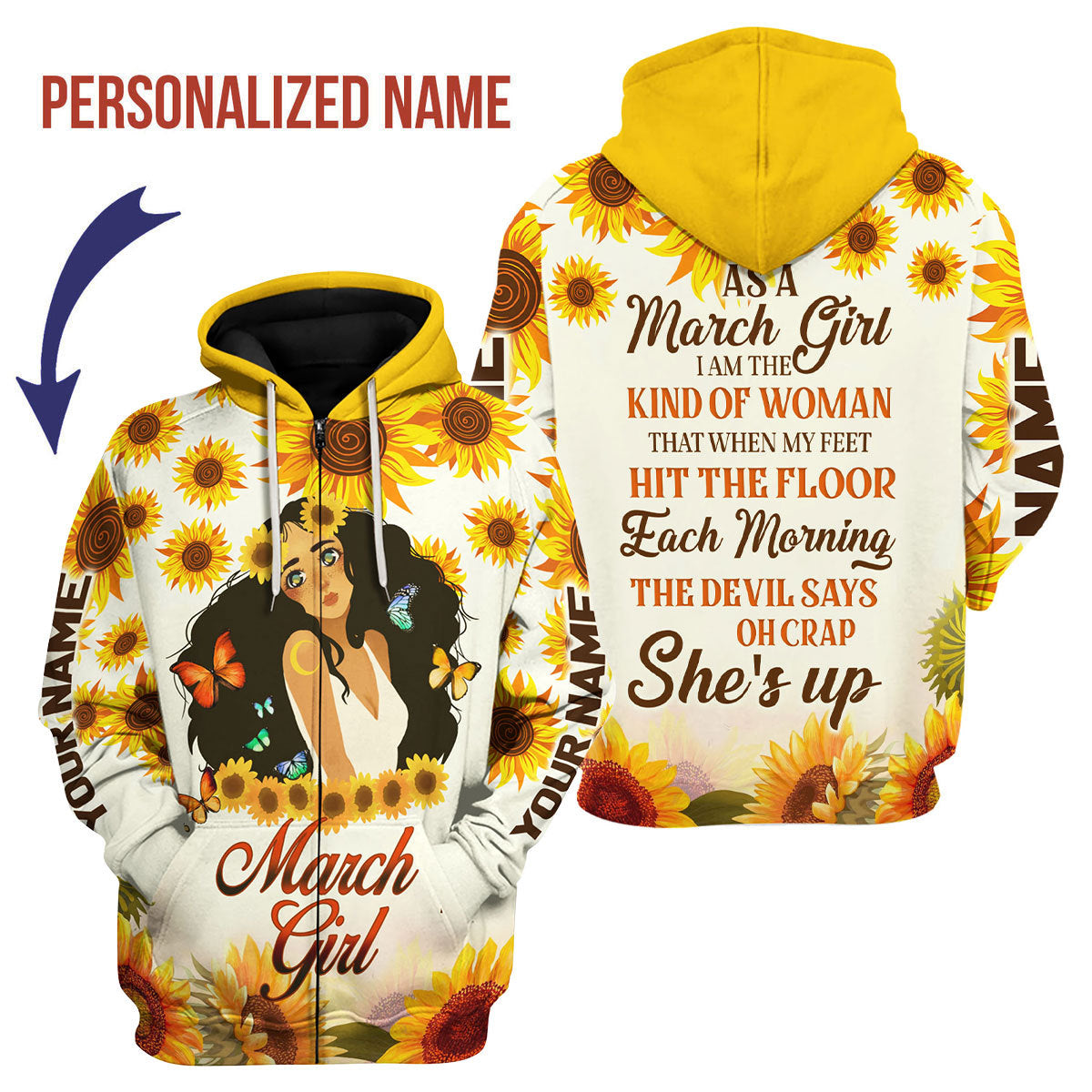 CustomsPig Personalized Zip Hoodie March Girl All Over Printed