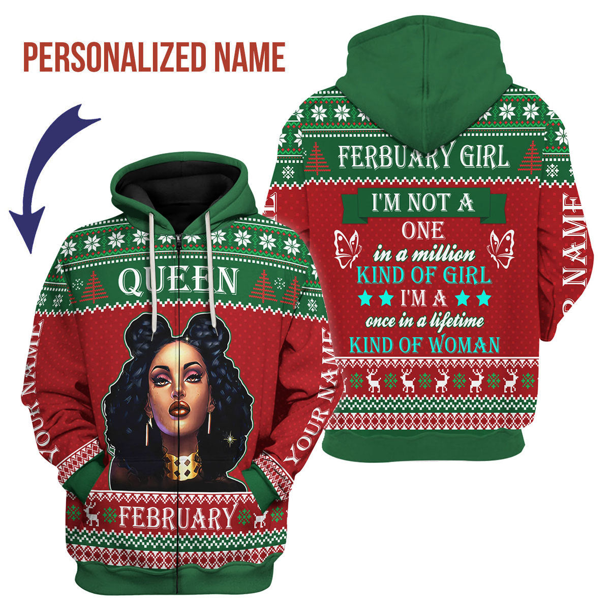 CustomsPig Personalized Zip Hoodie February Girl All Over Printed