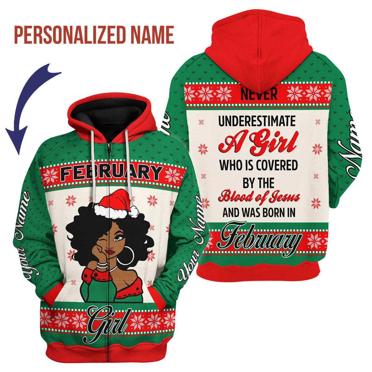 CustomsPig Personalized Zip Hoodie February Girl All Over Printed