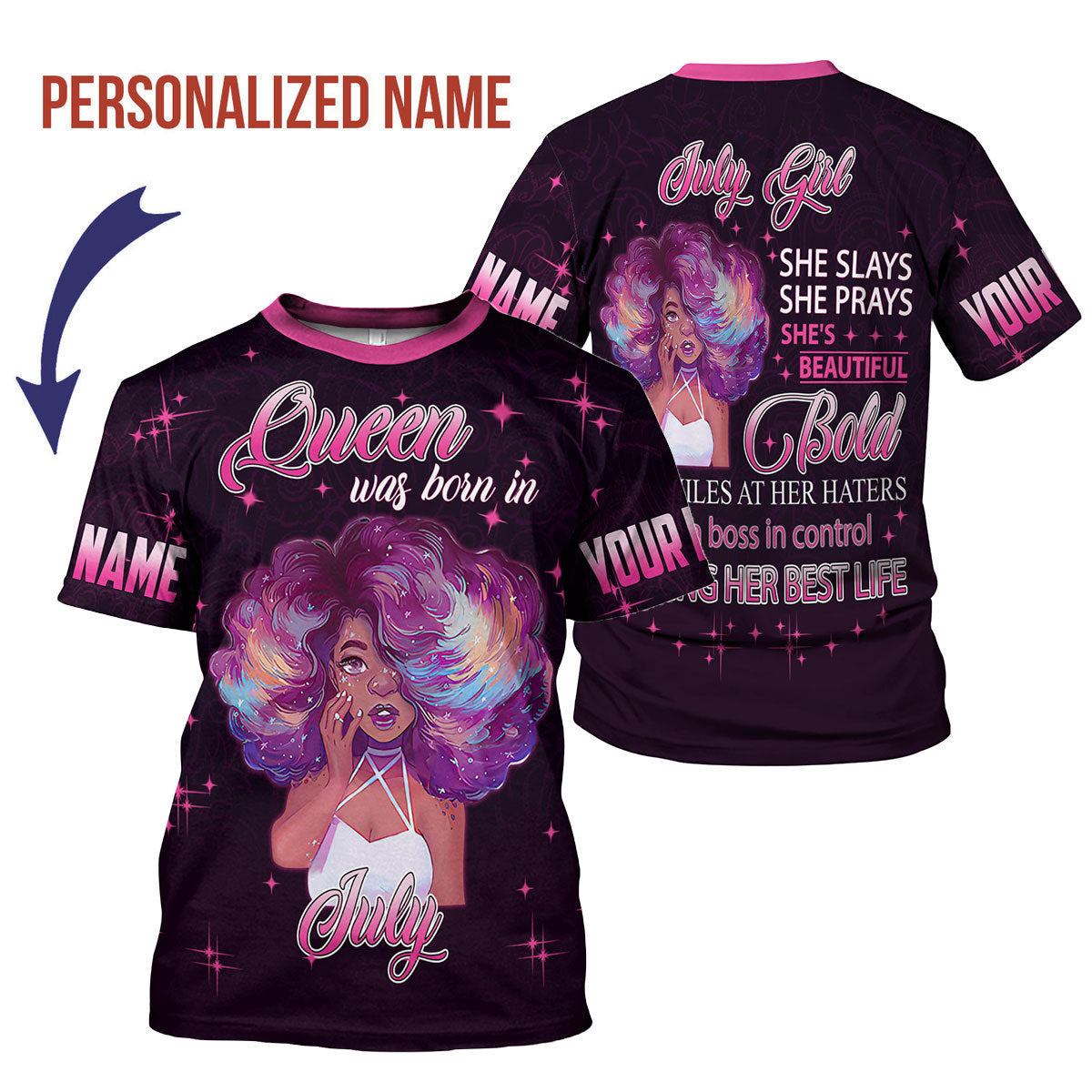 CustomsPig Personalized T-Shirt July Girl She's Beautiful Bold All Over Printed