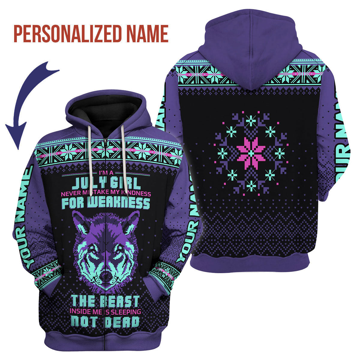 CustomsPig Personalized Zip Hoodie July Girl All Over Printed