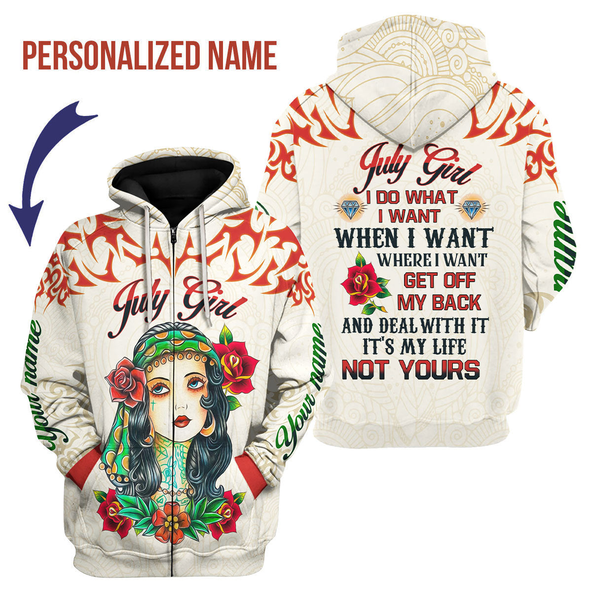 CustomsPig Personalized Zip Hoodie July Girl All Over Printed