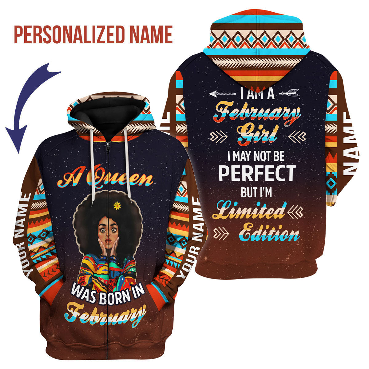 CustomsPig Personalized Zip Hoodie February Girl All Over Printed