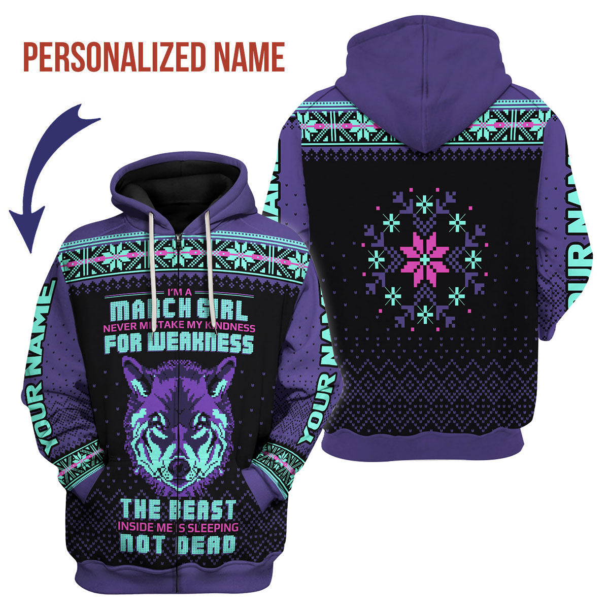 CustomsPig Personalized Zip Hoodie March Girl All Over Printed