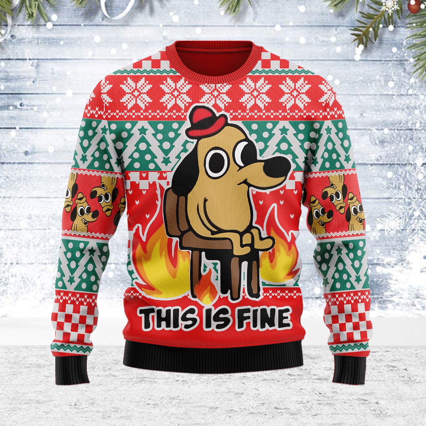 Customspig Ugly Christmas Sweater This Is Fine Meme 3D Apparel