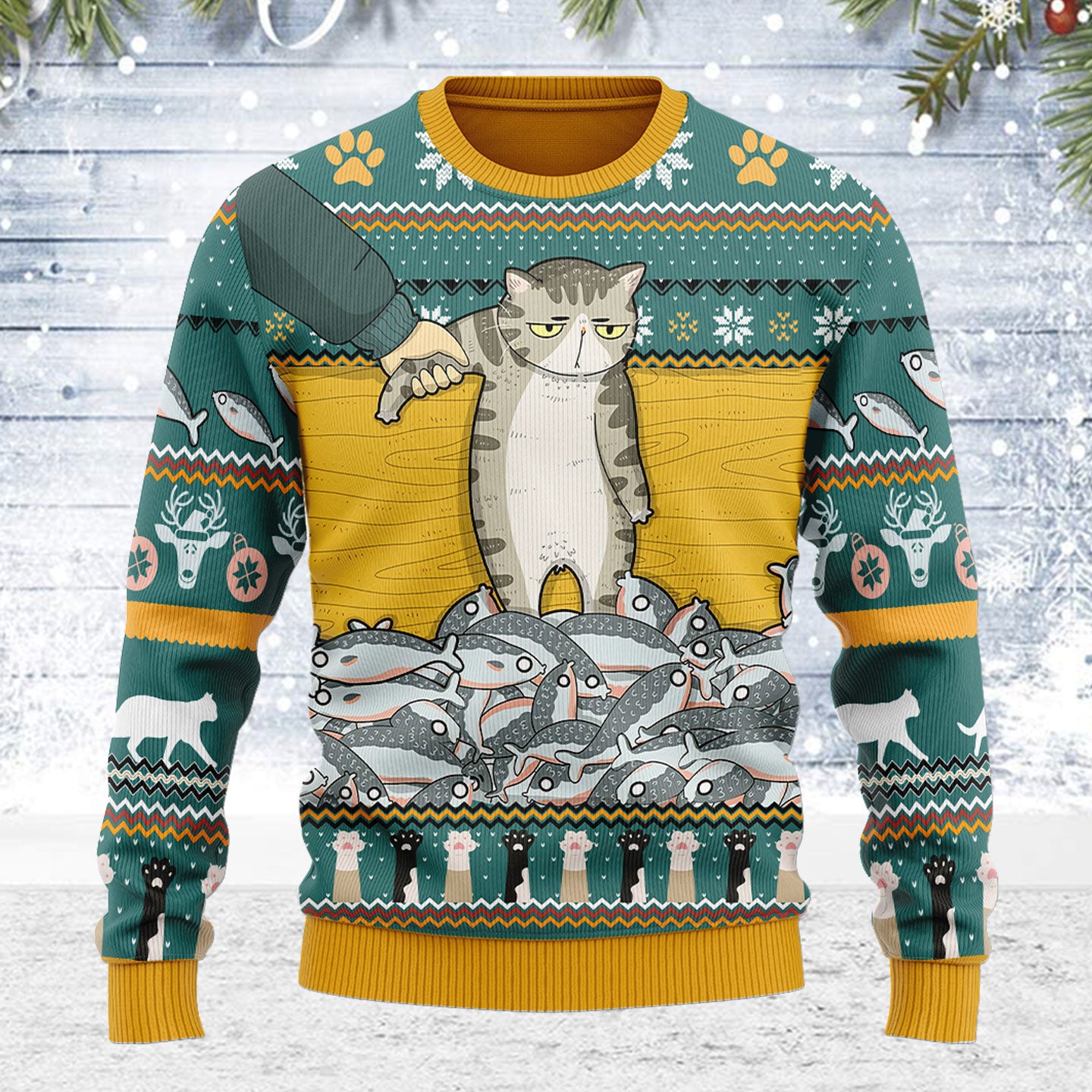 Customspig Ugly Christmas Sweater Cat With Fish 3D Apparel