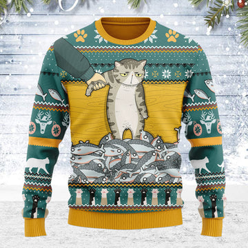 Customspig Ugly Christmas Sweater Cat With Fish 3D Apparel