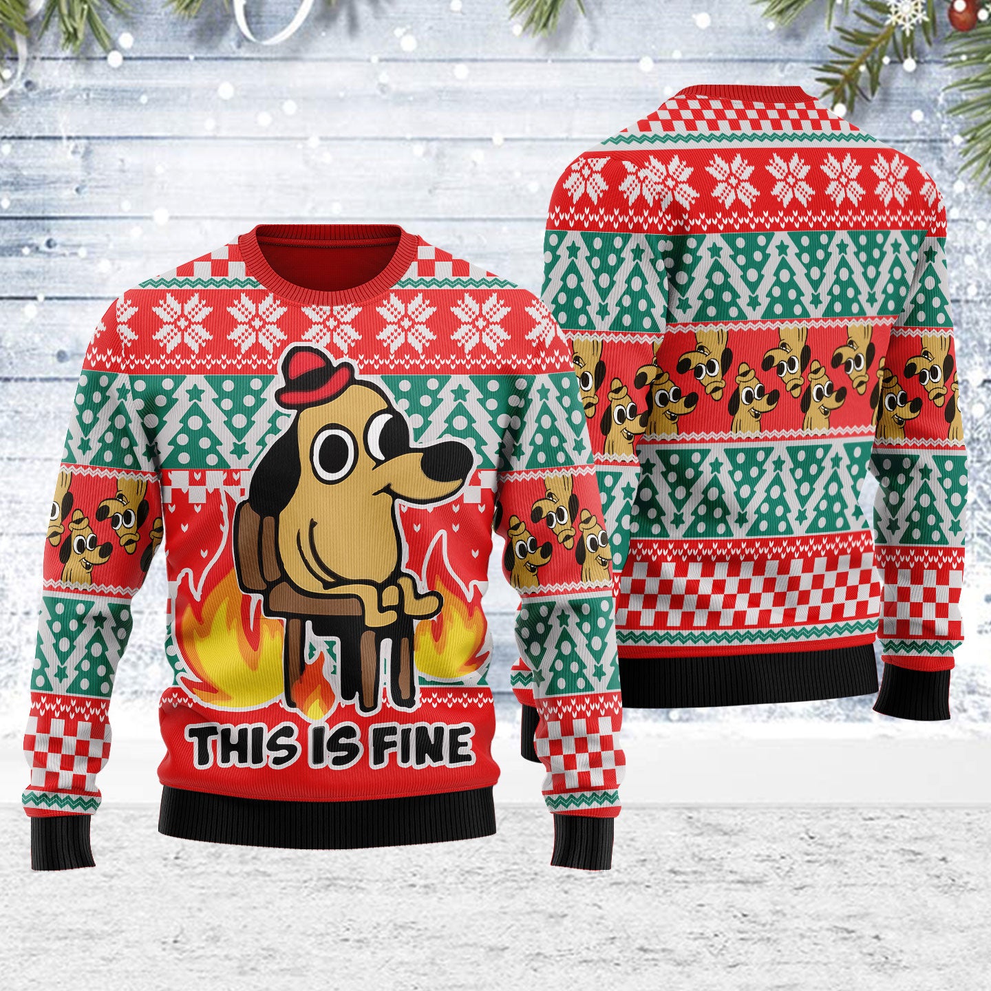 Customspig Ugly Christmas Sweater This Is Fine Meme 3D Apparel