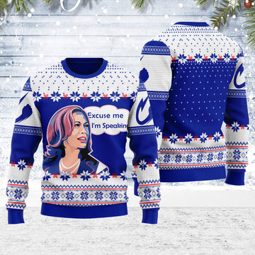 Customspig Ugly Christmas Sweater Kamala Harris Excuse Me I'm Speaking 3D Apparel