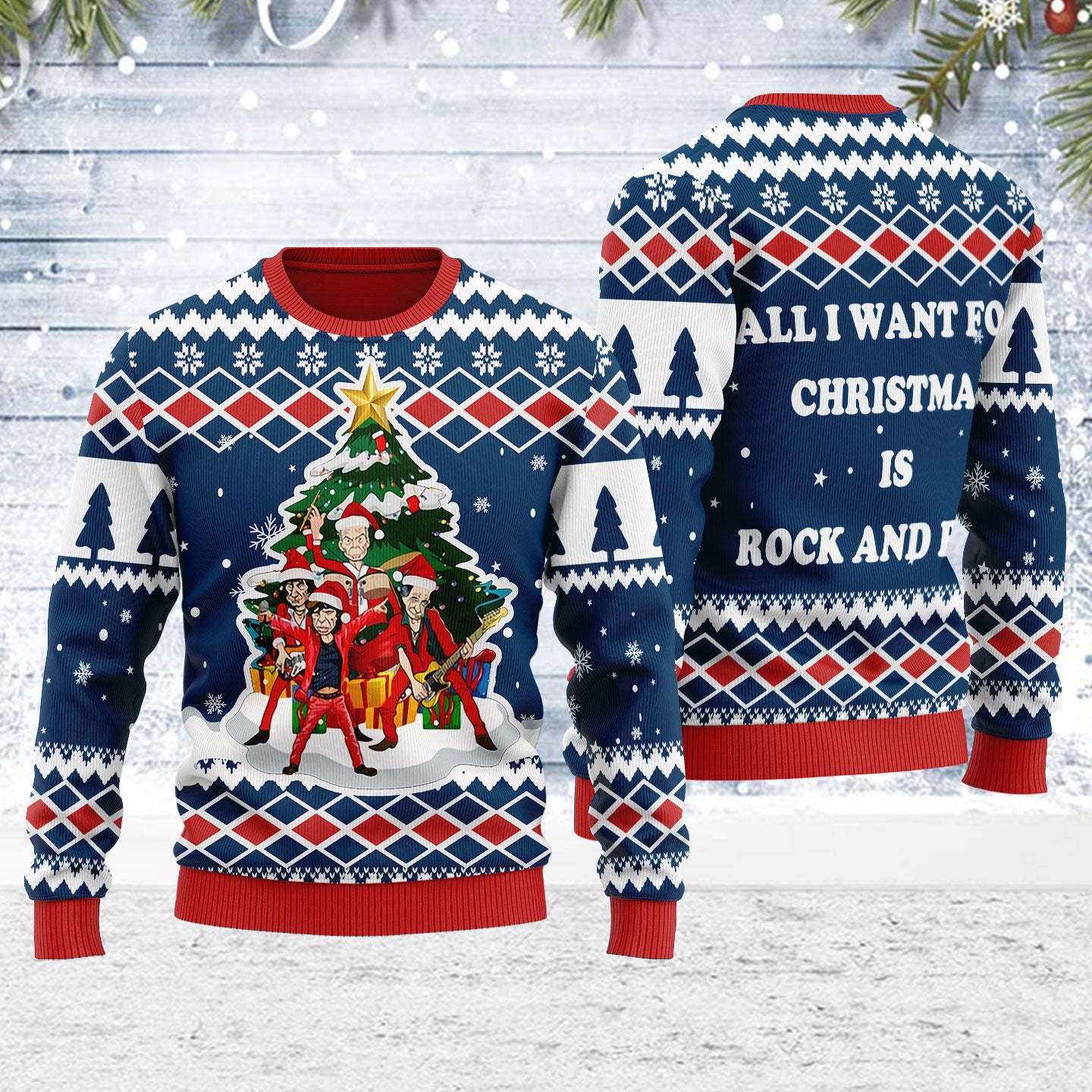 Customspig Ugly Christmas Sweater All I Want For Christmas Is Rock And Roll 3D Apparel
