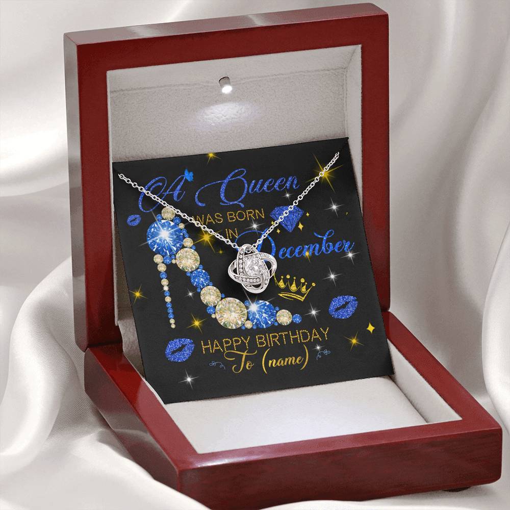 Personalized Name Happy Birthday A December Queen Love Knot Necklace With Pod Message Card Jewelry