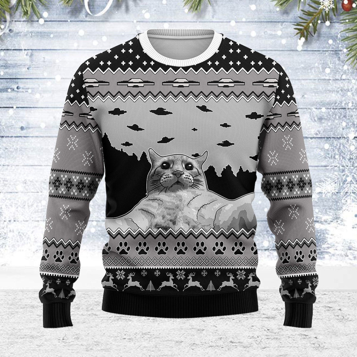 Customspig Ugly Christmas Sweater UFO Cat Hoodie Funny Cat Selfi 3D Apparel