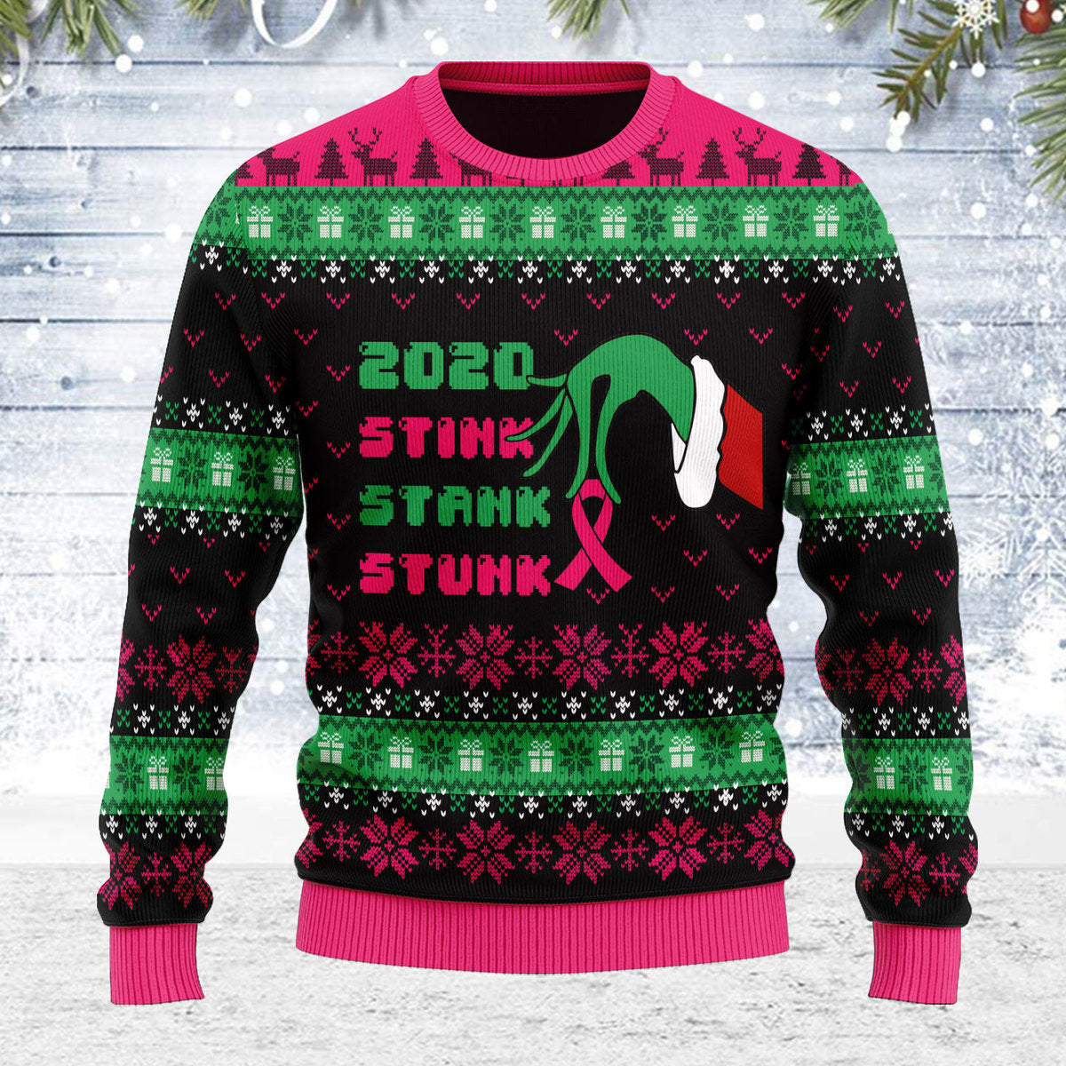 Customspig Ugly Christmas Sweater Stink Stank Stunk Breast Cancer 3D Apparel