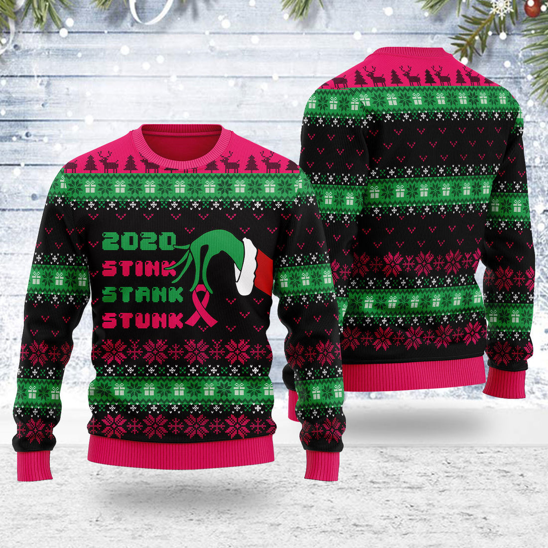 Customspig Ugly Christmas Sweater Stink Stank Stunk Breast Cancer 3D Apparel