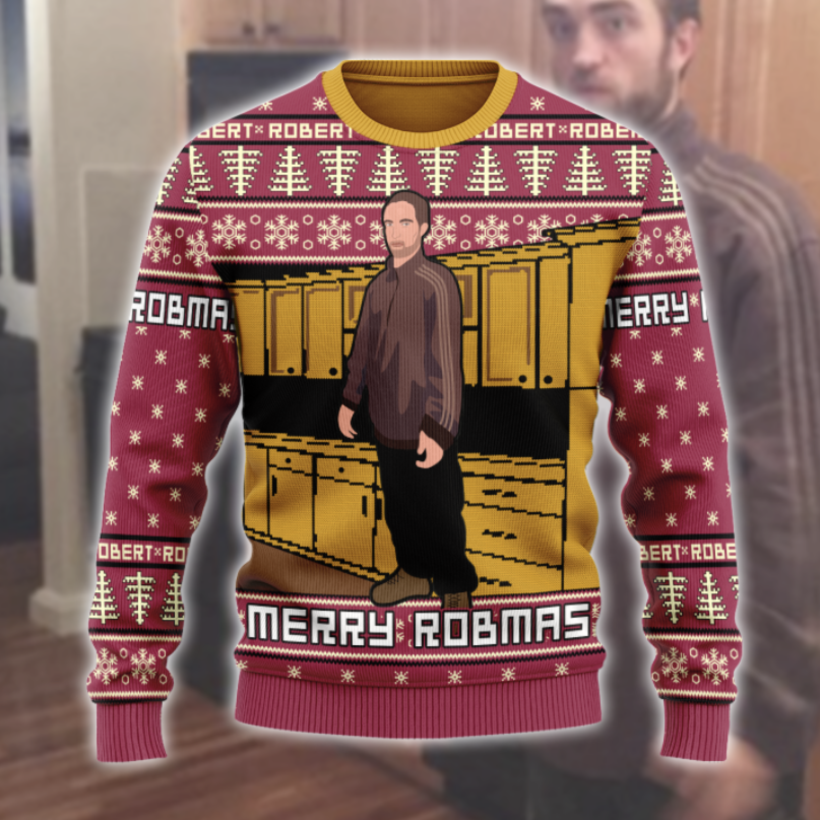 Customspig Ugly Christmas Sweater Robert Pattinson Kitchen Meme 3D Apparel